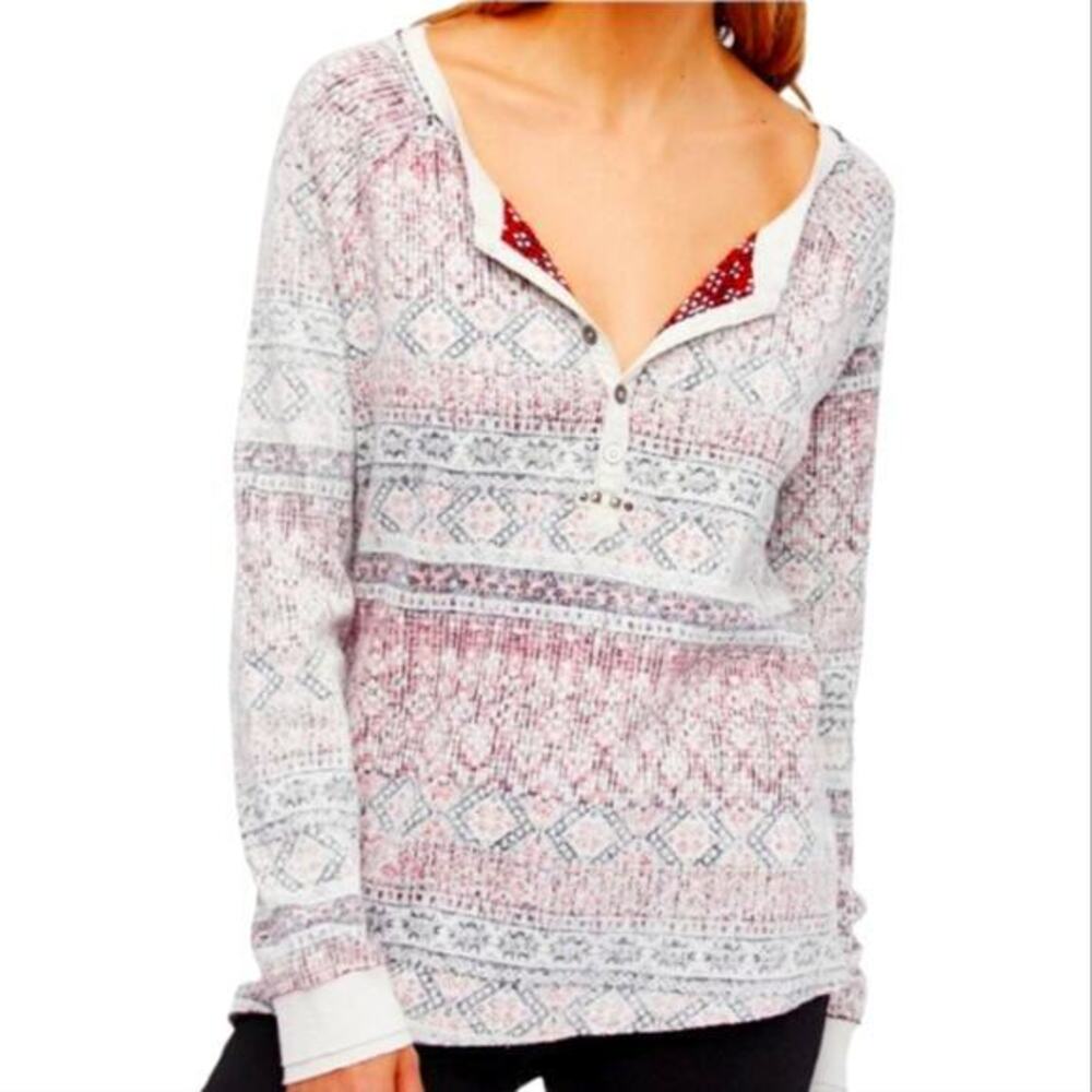 We The Free People‎ Pink Geometric Henley Thermal Long Sleeve Top Small